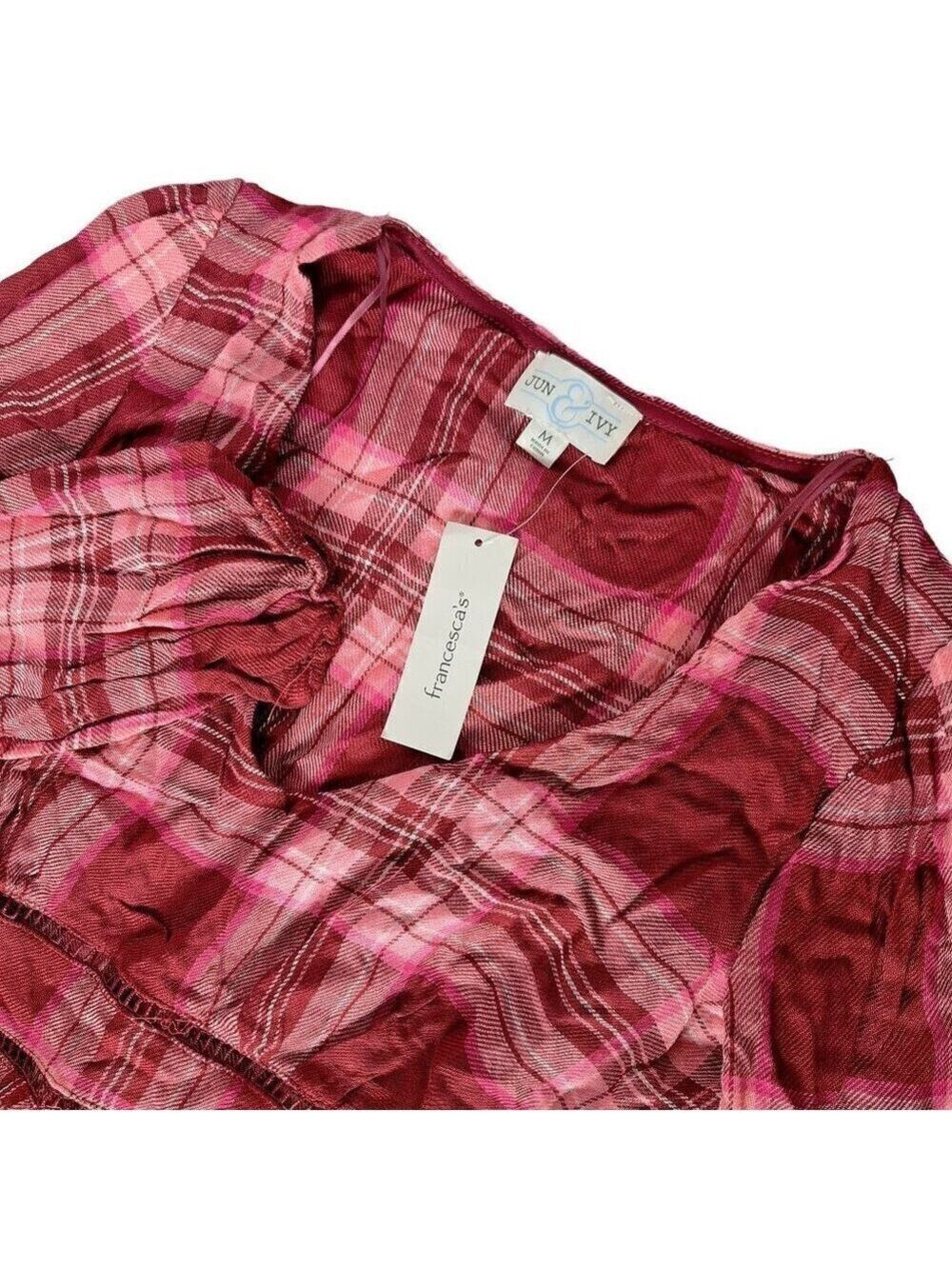 Francesca's Jun & Ivy Plaid Ladder Trim Blouse Pink Red Medium